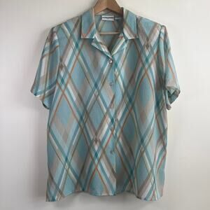 Alfred Dunner Blouse Button Front Geometric Stripes Aqua Beige Orange Size 16